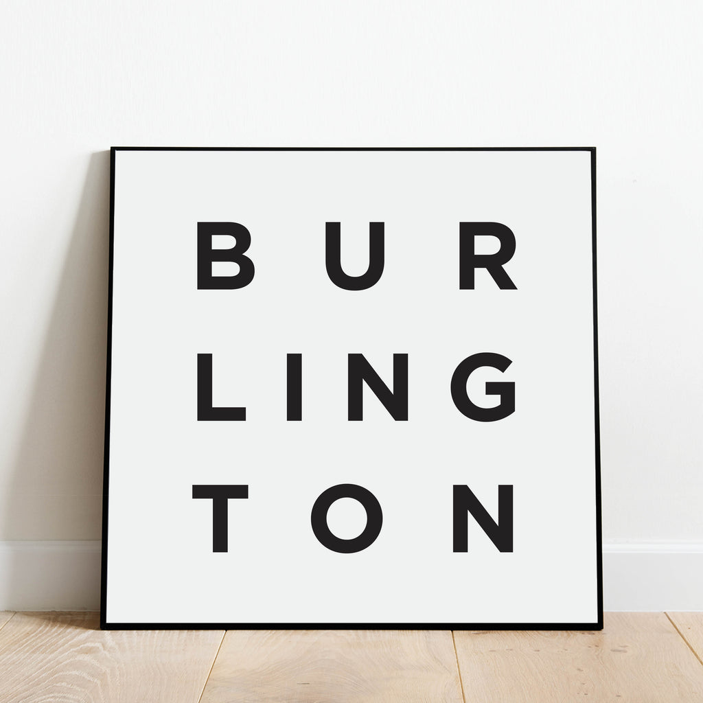 Minimalist Burlington Print, a black and white city poster by Culver and Cambridge