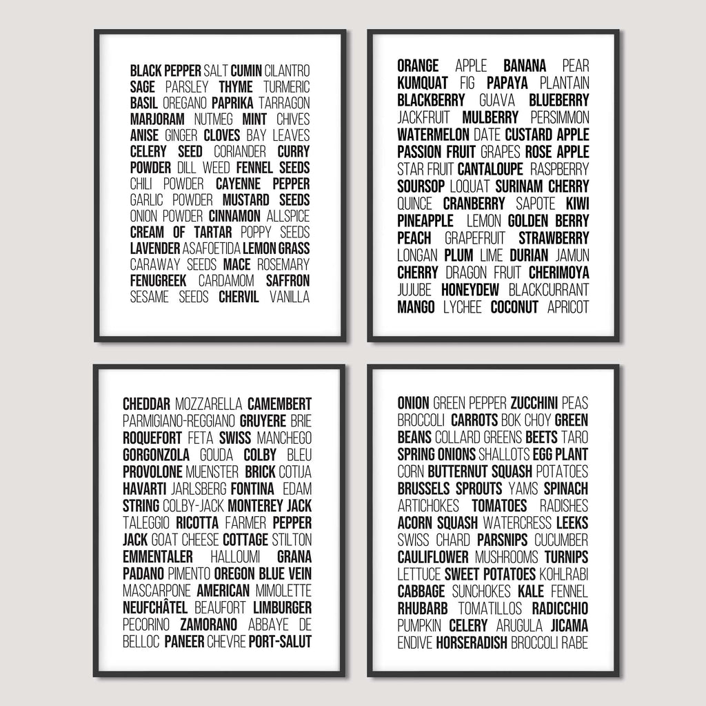 Set of Four Minimalist Kitchen Prints: Black and White Cheese, Herbs & Spices, Fruits, and Veggies Prints by Culver and Cambridge