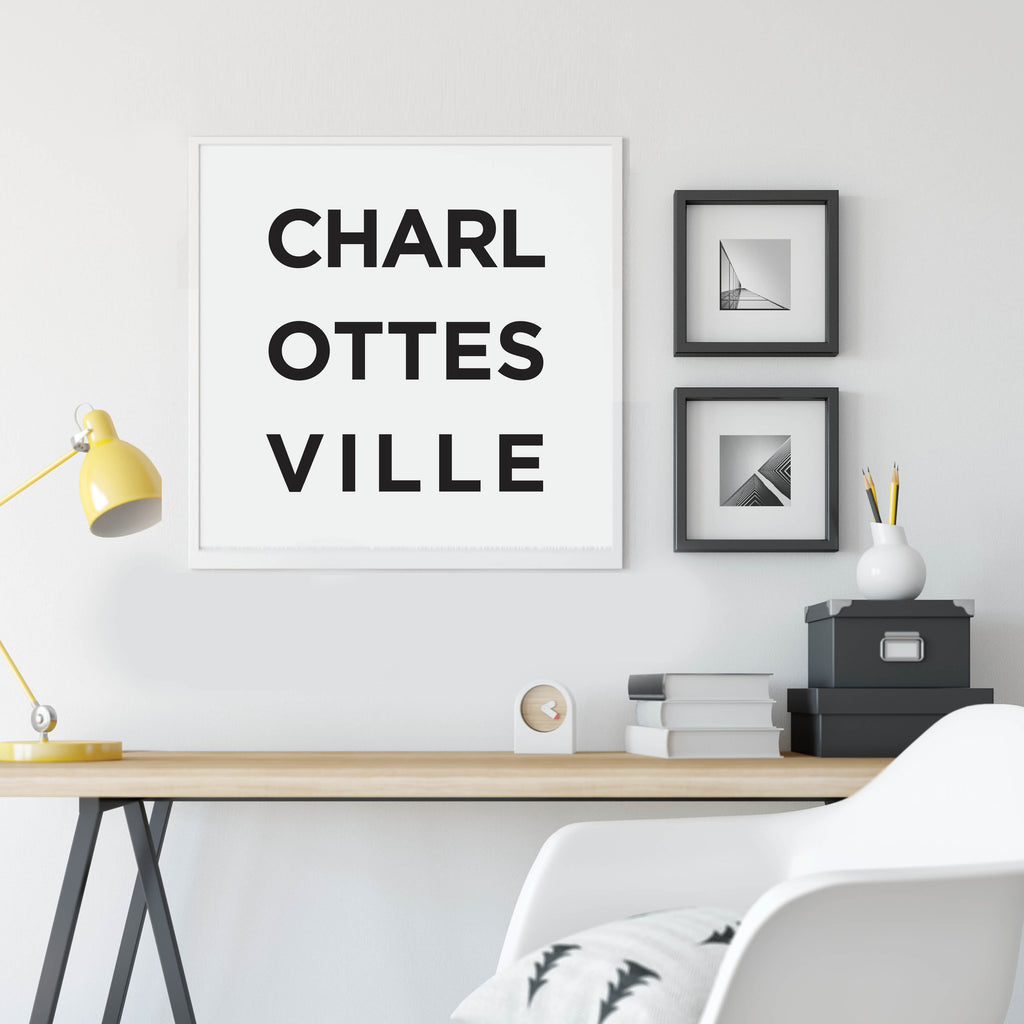 Minimalist Charlottesville Print, a black and white city poster by Culver and Cambridge