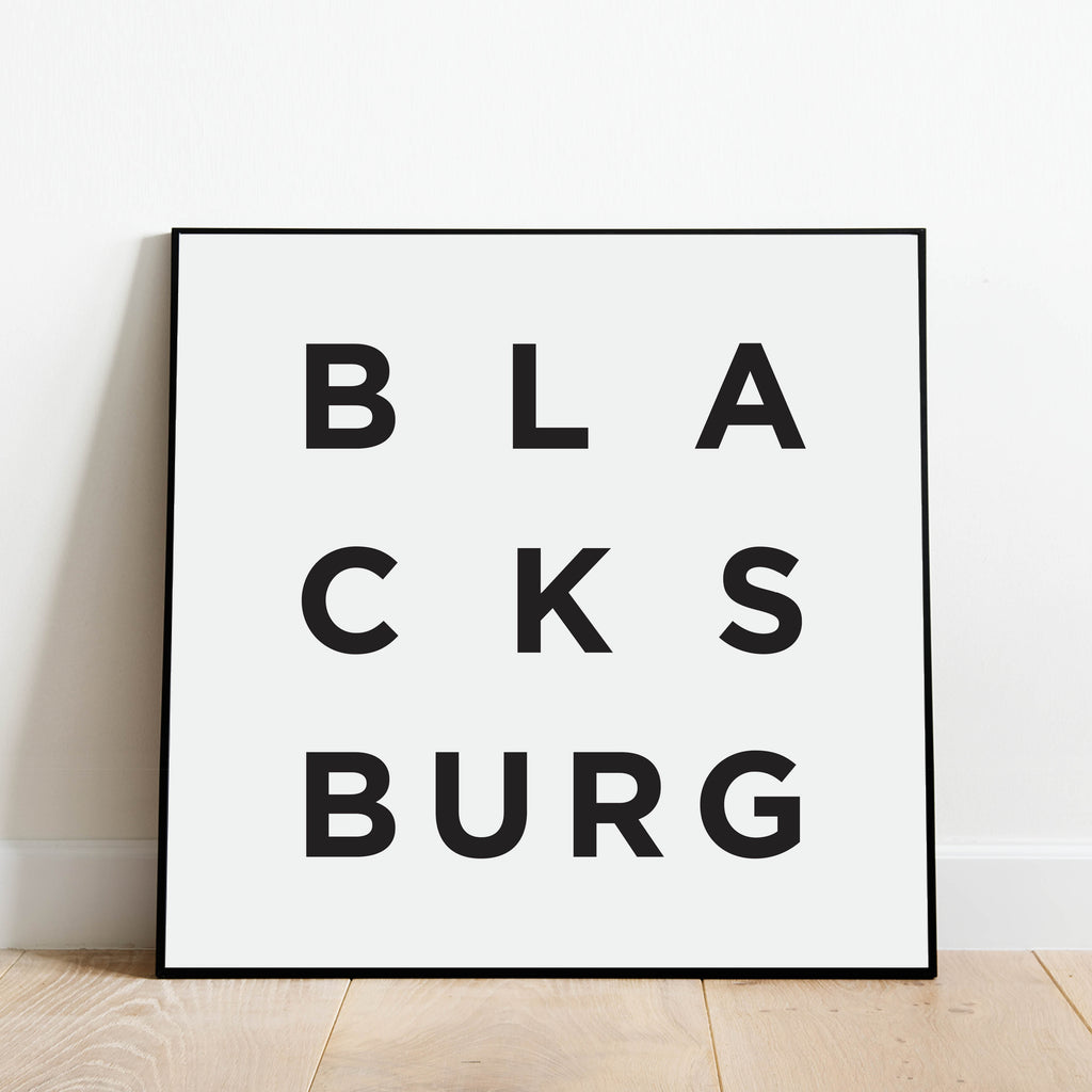 Minimalist Blacksburg Print, a black and white city poster by Culver and Cambridge