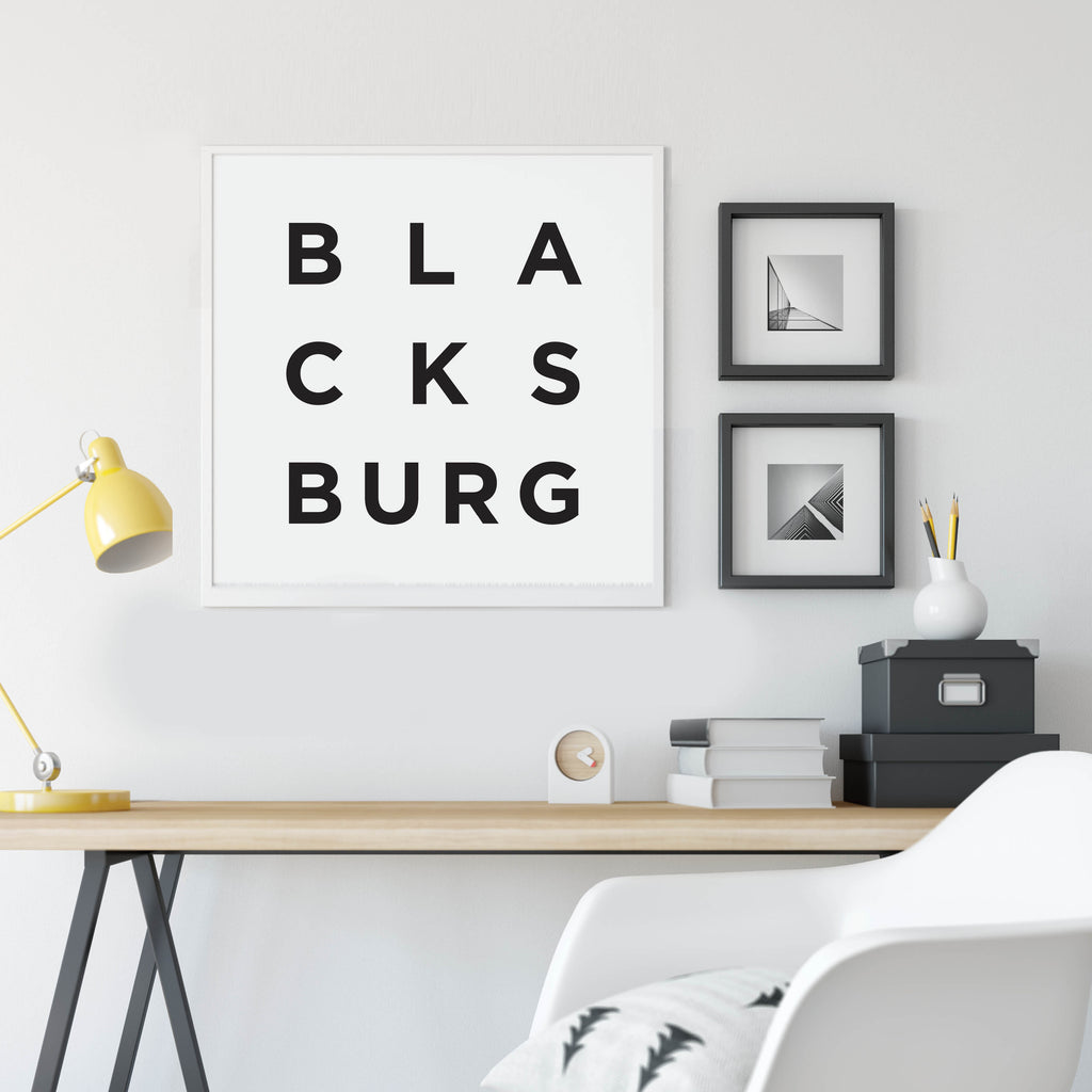 Minimalist Blacksburg Print, a black and white city poster by Culver and Cambridge