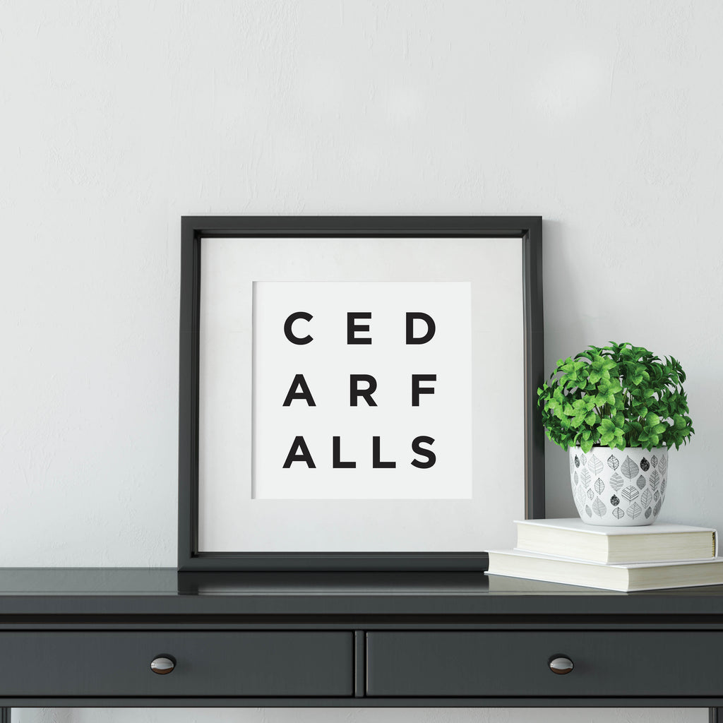 Minimalist Cedar Falls Print, a black and white city poster by Culver and Cambridge