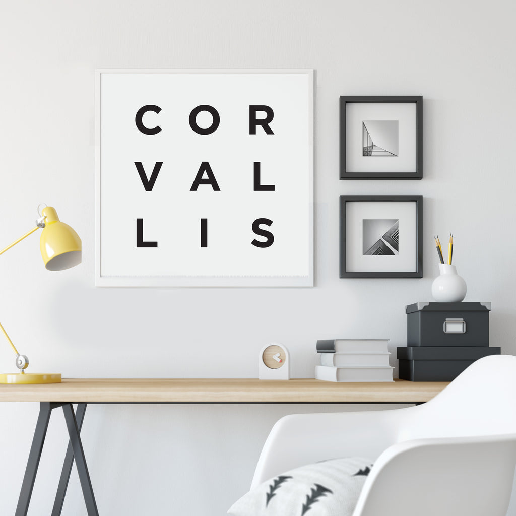Minimalist Corvallis Print, a black and white city poster by Culver and Cambridge