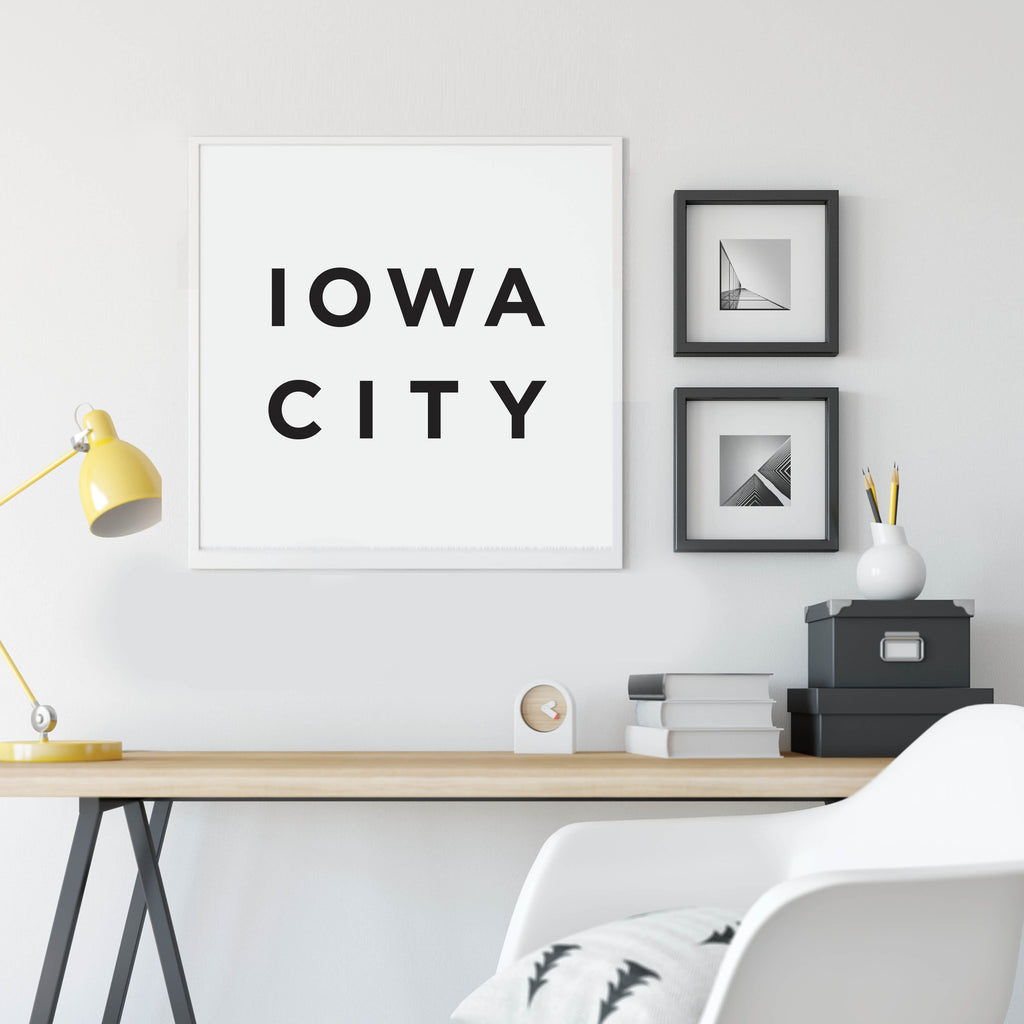Minimalist Iowa City Print, a black and white city poster by Culver and Cambridge