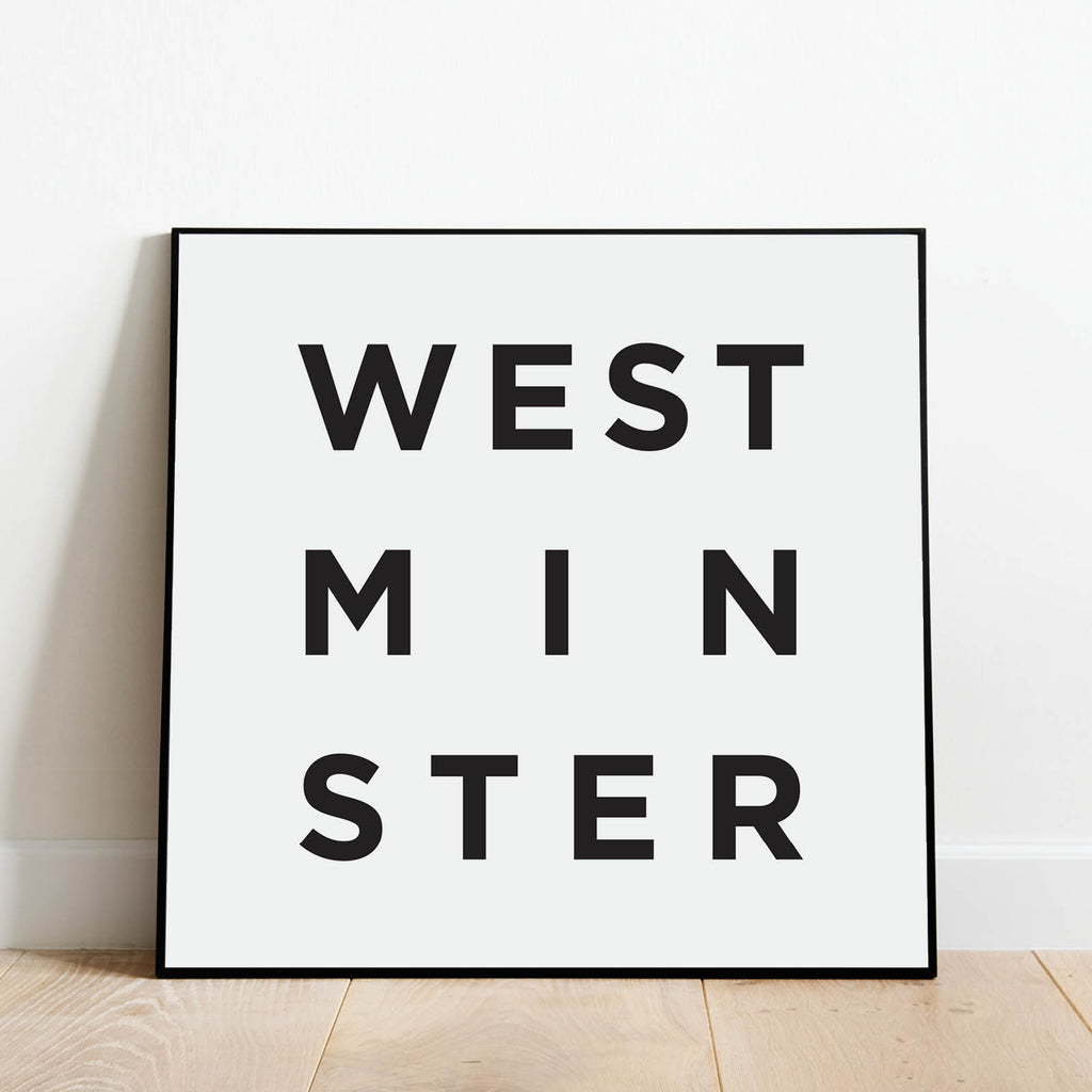 Minimalist Westminster Print, a black and white city poster by Culver and Cambridge